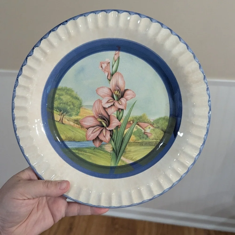 Due Torri Ceramic Plate Cream Blue Pink Floral Scenery 10
